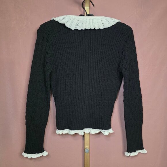 Zara Pointelle Mixed Ruffled Knit Cardigan Black/Cream L - Picture 8 of 11